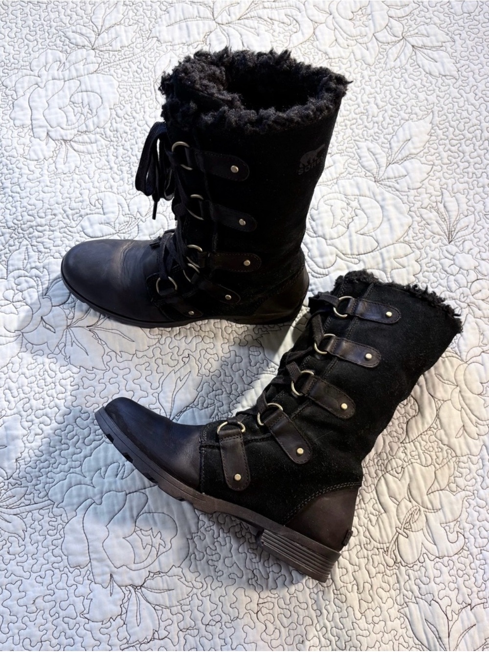 💥Sorel Emelie Lace Waterproof Boots Black Suede Faux Shearling Trim Women's 9❤️